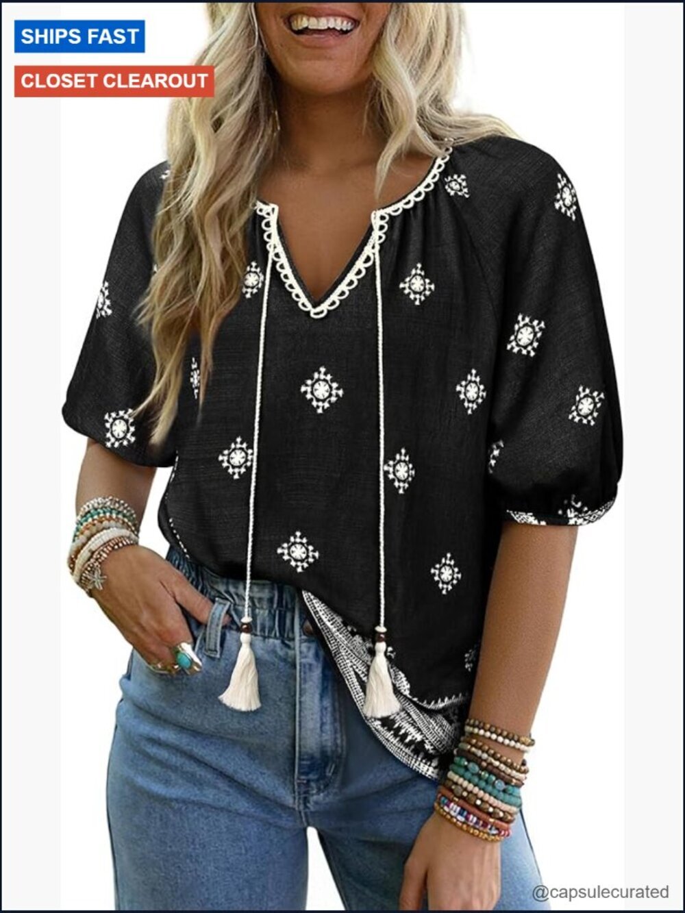 Womens Boho Short Sleeve V Neck Blouse Floral Print Tie Front Flow Vacation Tops